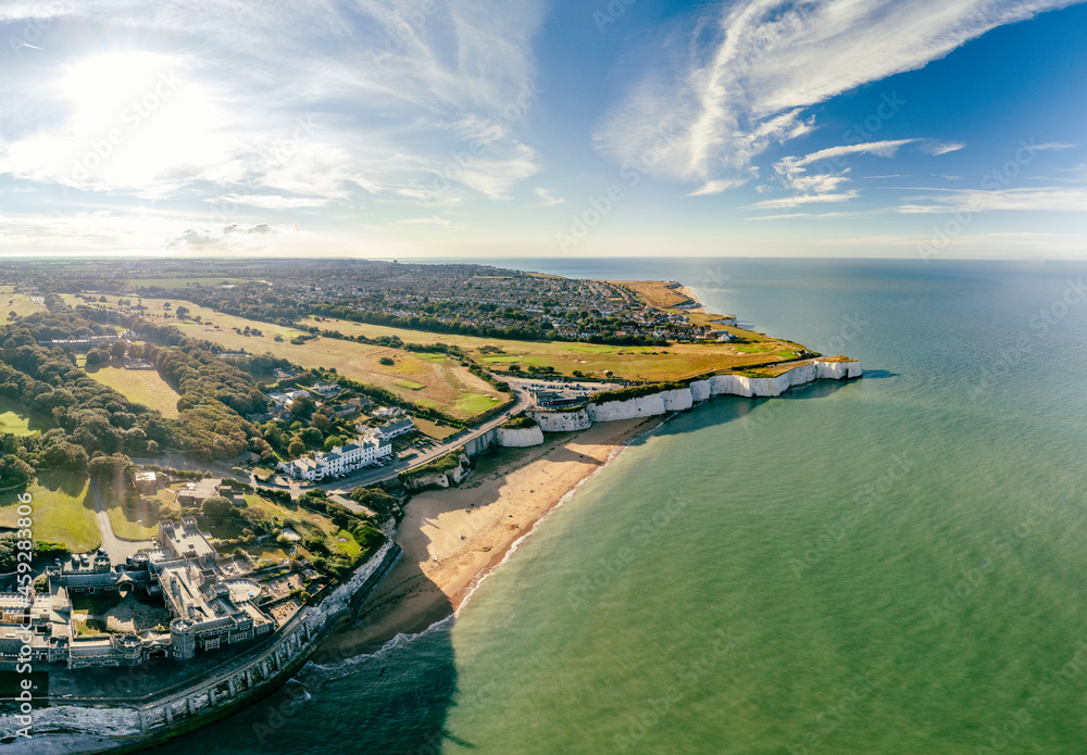 Drone aerial view of the beach and white cliffs, Botany Bay, England, UK