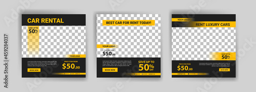 Social media post template for automotive car rental service. Banner vector for social media ads, web ads, business messages, discount flyers and big sale banners.