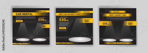 Social media post template for automotive car rental service. Banner vector for social media ads, web ads, business messages, discount flyers and big sale banners.
