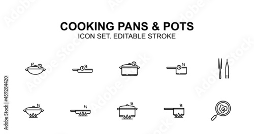 Kitchenware vector icon set. Editable stroke. Kitchen equipment illustration. Wok, pan, saucepan and pot. Minimal linear design.