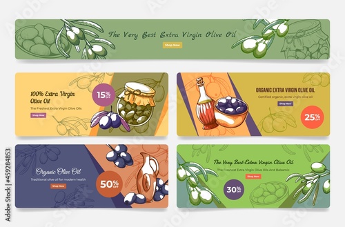 Organic extra virgin olive oil landing page set vector illustration. Promo webpage banner template