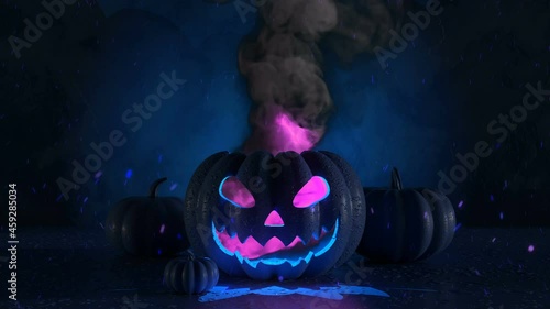 Halloween decorations concept at night. 3d neon scene with a burning pumpkin for halloween