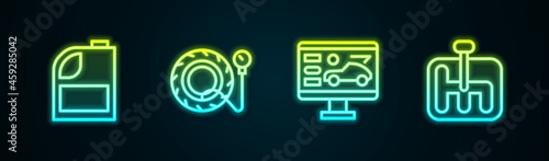 Set line Canister for motor machine oil, Tire pressure gauge, Diagnostics condition of car and Gear shifter. Glowing neon icon. Vector