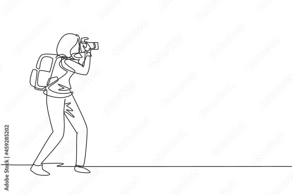 Single one line drawing woman photographer or paparazzi taking photo with modern digital cameras with angles. Journalists or reporters with backpack making pictures. Continuous line draw design vector Single one line drawing woman photographer or paparazzi taking photo with modern digital cameras with angles. Journalists or reporters with backpack making pictures. Continuous line draw design vector