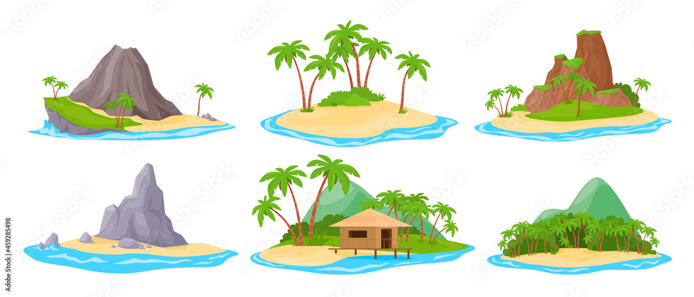 Tropical island at sea ocean set vector. Exotic landscape for vacation or summer weekend holiday - obrazy, fototapety, plakaty 