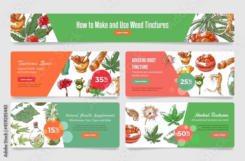 Online tinctures store landing page set vector flat illustration. Website banner design template