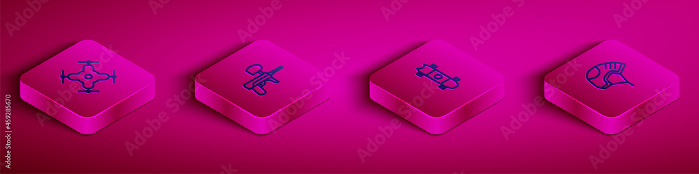 Set Isometric line Drone flying, Paintball gun, Longboard or skateboard and Helmet icon. Vector Set Isometric line Drone flying, Paintball gun, Longboard or skateboard and Helmet icon. Vector