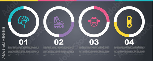 Set line Helmet, Roller skate, Rafting boat and Climber rope. Business infographic template. Vector