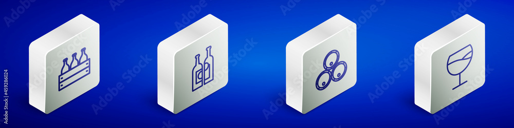 Set Isometric line Bottles of wine in a wooden box, , Wooden barrels and Wine glass icon. Vector Set Isometric line Bottles of wine in a wooden box, , Wooden barrels and Wine glass icon. Vector