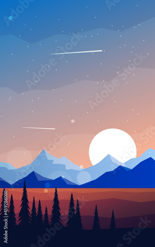 Discovering, exploring, adventure. Mountains Forest. Night, Day, Sunset. Polygonal landscape. Flat illustration. Minimalist style graphic design for flyers, banners, background, coupon, voucher