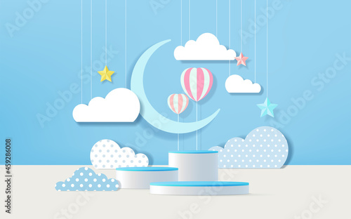 3d render podium with space concept background for kids or baby product display.