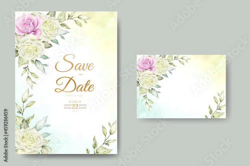 wedding invitation card with floral leaves watercolor template © retno