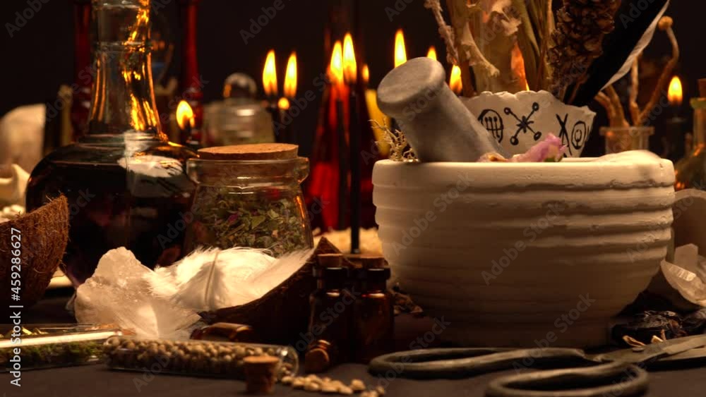 Mortar and pestle witchcraft alchemy still life selective focus, witch