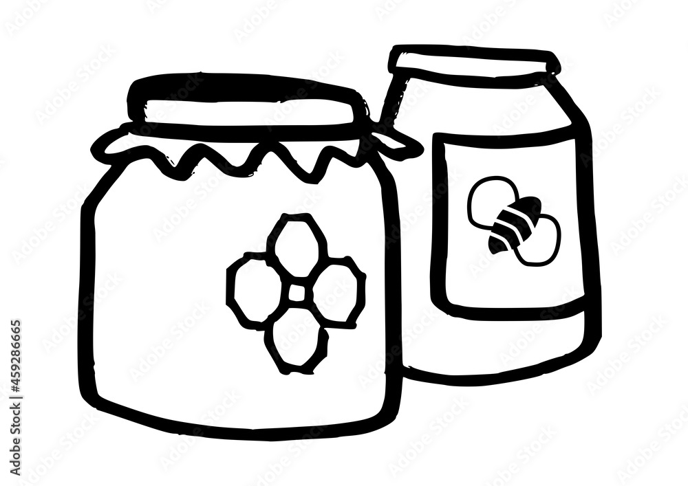 Jars of honey. Healthy fresh food. Icon, symbol. Ink strokes hand drawn style vector illustration isolated on white background. Jars of honey. Healthy fresh food. Icon, symbol. Ink strokes hand drawn style vector illustration isolated on white background.
