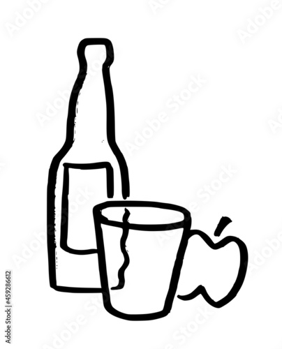 Apple cider bottle with an apple and glass. Hand drawn ink strokes icon, symbol sketch style vector illustration isolated on white background.