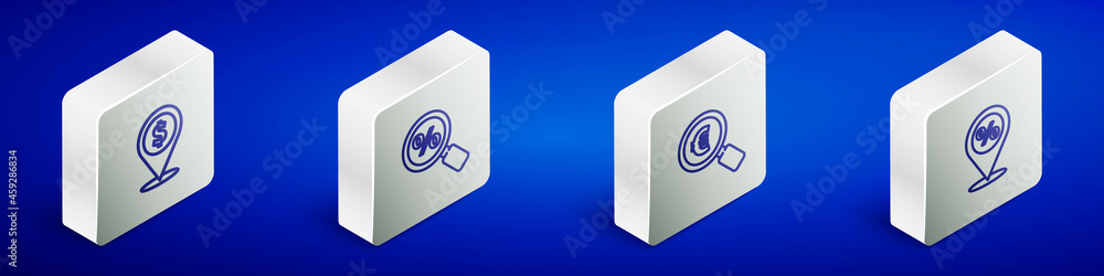 Set Isometric line Cash location, Magnifying glass with percent, and euro and Location discount icon. Vector Set Isometric line Cash location, Magnifying glass with percent, and euro and Location discount icon. Vector