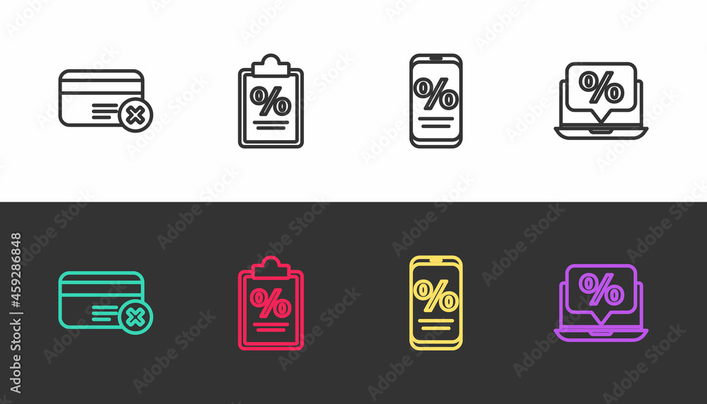 Set line Credit card remove, Finance document, Percent discount and mobile and laptop on black and white. Vector Set line Credit card remove, Finance document, Percent discount and mobile and laptop on black and white. Vector