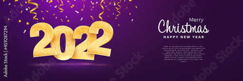 Merry Christmas and Happy New Year 2022 vector web banner template. Xmas holiday lilac background with falling confetti