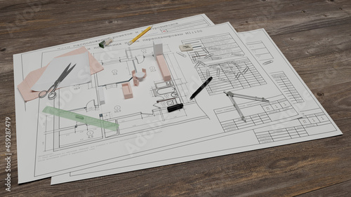 3D illustration (render) - The workplace of an interior designer