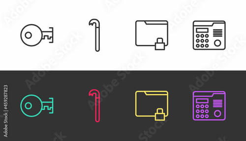 Set line Key, Crowbar, Folder and lock and House intercom system on black and white. Vector