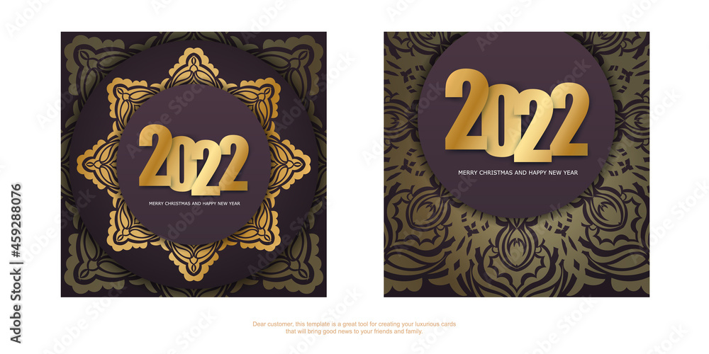 2022 brochure happy new year burgundy color with luxury gold ornament