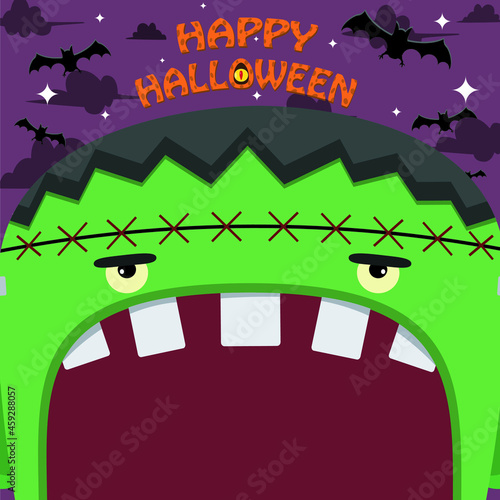 Halloween Character Design. With Frankenstein Character. Big Face and Open Mouth. In Grave field