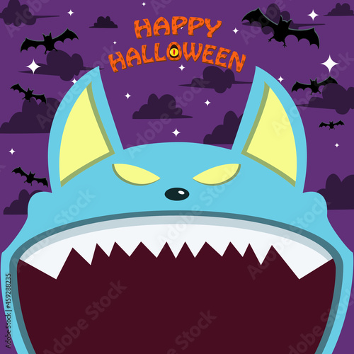 Halloween Character Design. With Wolf Character. Big Face and Open Mouth. In Grave field