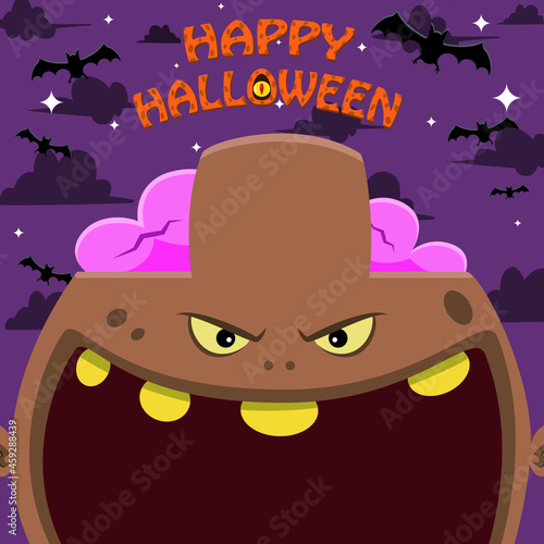 Halloween Character Design. With Brown Zombie Character. Big Face and Open Mouth. In Grave field