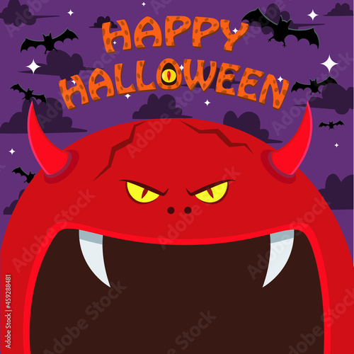 Halloween Character Design. With Devil Character. Big Face and Open Mouth. In Grave field