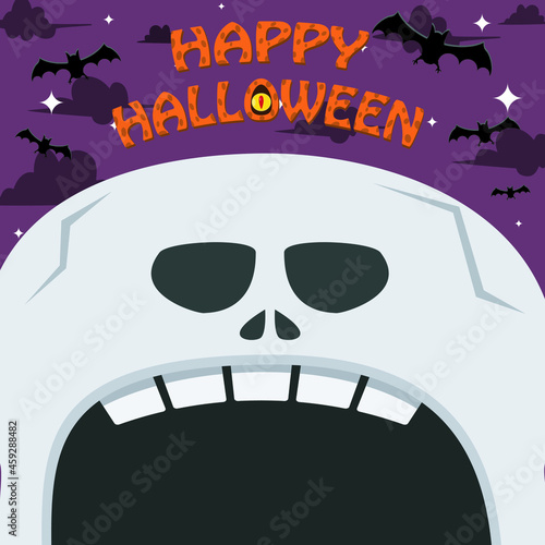 Halloween Character Design. With Skeleton Character. Big Face and Open Mouth. In Grave field