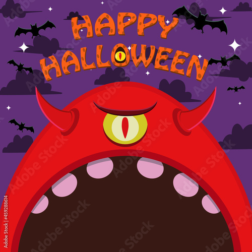 Halloween Character Design. With One Eye Monster Character. Big Face and Open Mouth. In Grave field