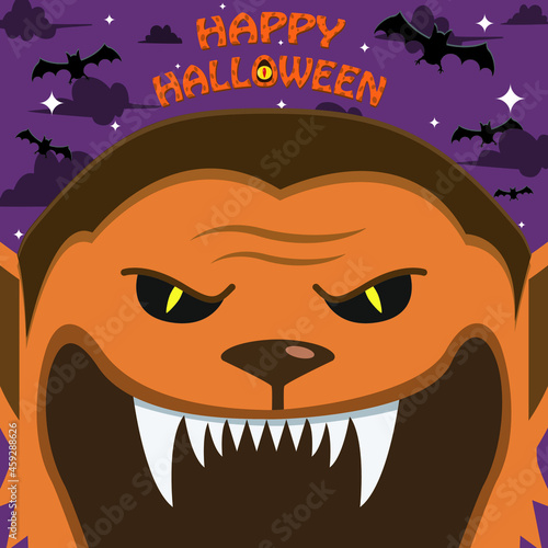 Halloween Character Design. With Wolf Man Character. Big Face and Open Mouth. In Grave field