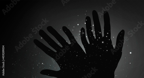 Black and White vector illustration with hands on dark background with stars