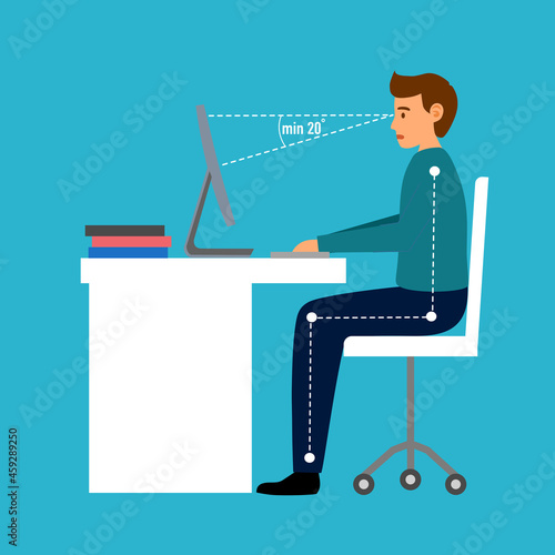 Correct sitting posture vector illustration. Businessman working in office.