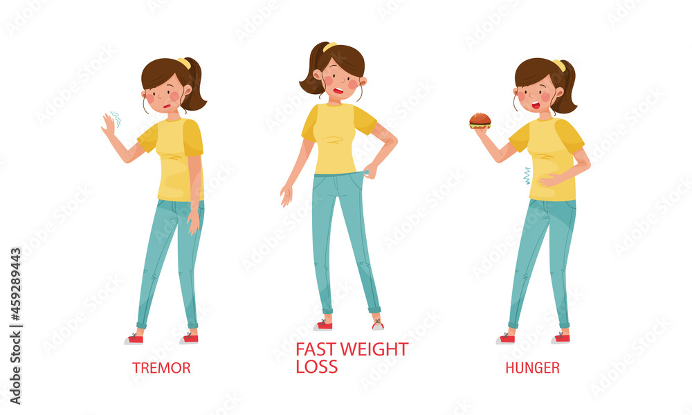 Obraz premium Diabetes symptoms set. tremor, fast weight loss, hunger vector illustration
