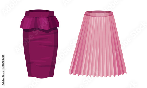 Elegant glamorous fitted pencil and pleated textile skirts set. Fashion female apparel cartoon vector illustration