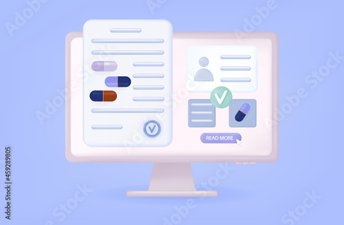 3d pharmacy online. Registration or purchase of medicines via the Internet. Electronic appointment of a doctor's treatment, online examination or diagnosis. Patient card, prescription rx. Vector