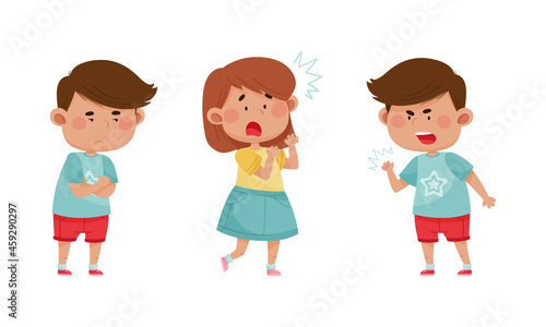 Cute kids emotions set. Children with different face expressions. Offended, scared, angry boys and girl cartoon vector illustration