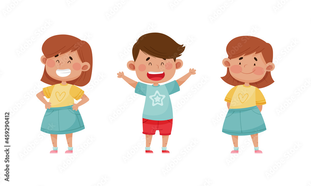 Cute kids emotions set. Children with different face expressions. Happy and cheerful boy and girls cartoon vector illustration Cute kids emotions set. Children with different face expressions. Happy and cheerful boy and girls cartoon vector illustration