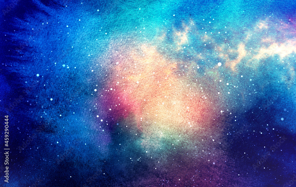 Naklejka premium Cosmic illustration. Beautiful colorful space background. Watercolor Cosmos