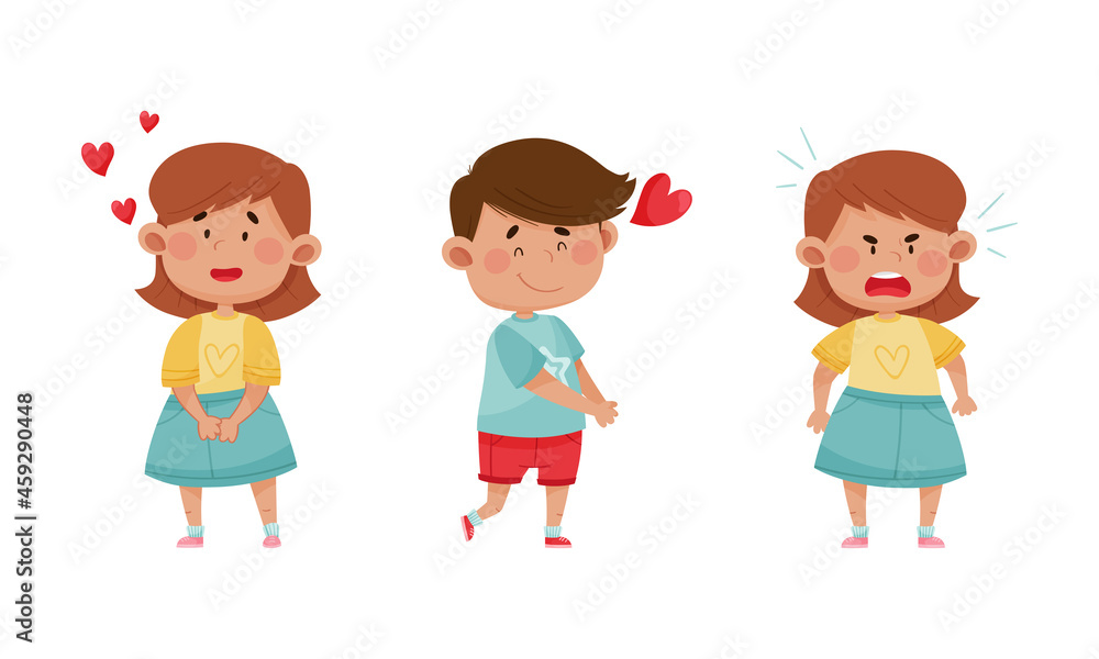 Cute kids emotions set. Children with different face expressions. Lovely and angry boy and girls cartoon vector illustration Cute kids emotions set. Children with different face expressions. Lovely and angry boy and girls cartoon vector illustration