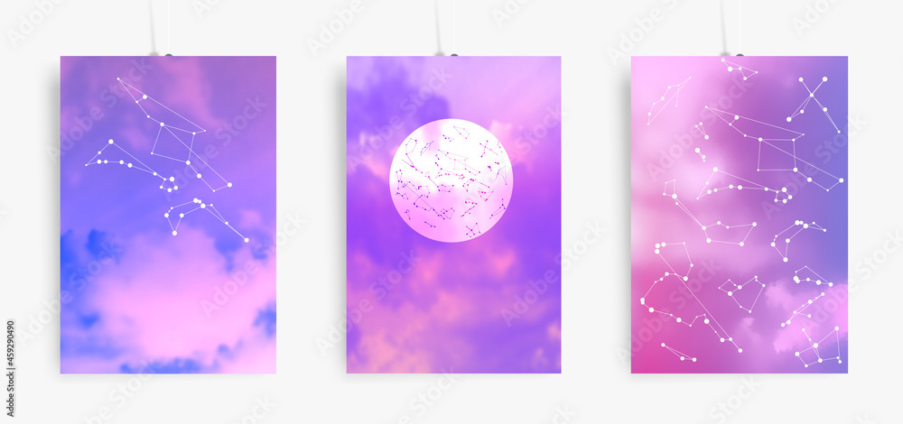 Aesthetic posters with sky and constellations. Trendy illustrations set
