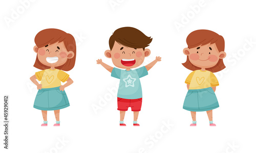 Cute kids emotions set. Children with different face expressions. Happy and cheerful boy and girls cartoon vector illustration