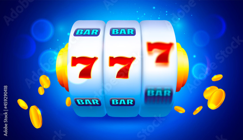 Slot Machine with Icons and Coins on Colorful Background. Online Casino Banner Illustration