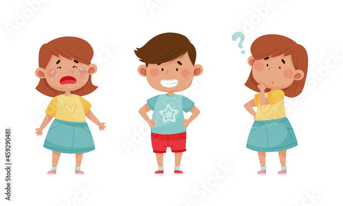 Cute kids emotions set. Children with different face expressions. Crying, cheerful, pensive boy and girls cartoon vector illustration