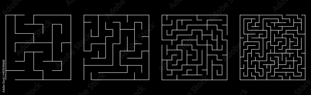 Set Of Vector Mazes. Square Labyrinth Illustration Isolated on Black Background
