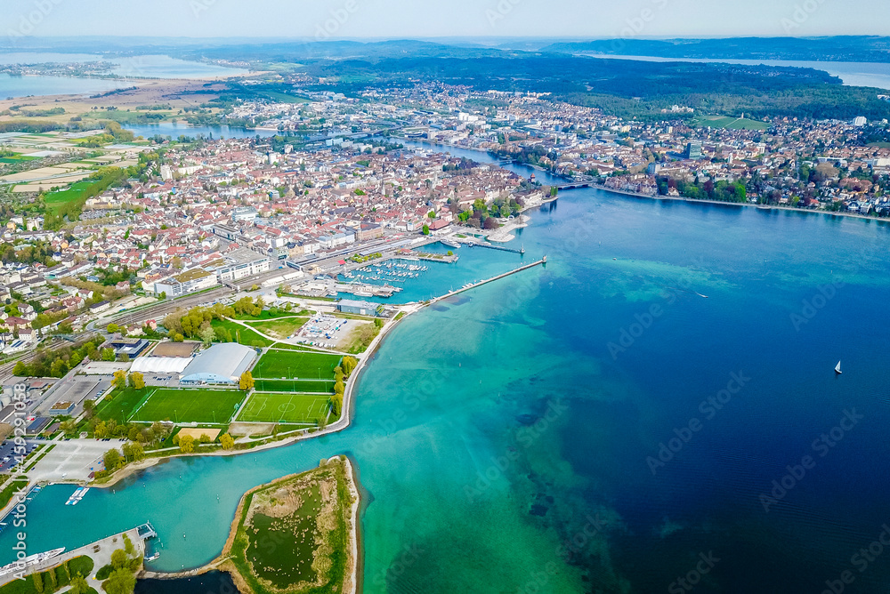 Lake Constance Bodensee landscape drone panorama view Constance in Germany.