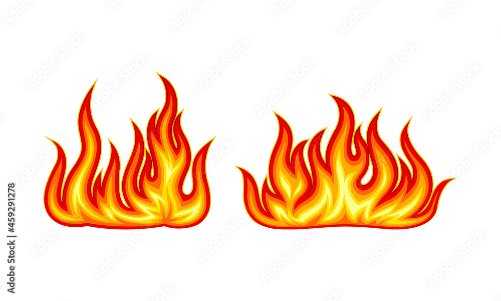 Burning outdoor camping bonfires set. Bright red and orange fire flames vector illustration Burning outdoor camping bonfires set. Bright red and orange fire flames vector illustration