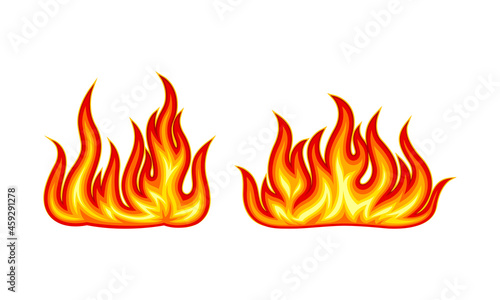Burning outdoor camping bonfires set. Bright red and orange fire flames vector illustration