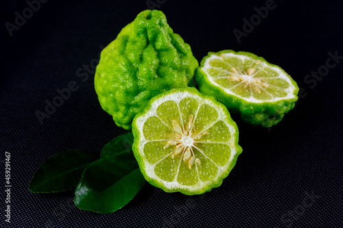 Bergamot fruit on black background. Bergamot is ingredient in asean food and is herb for body care.